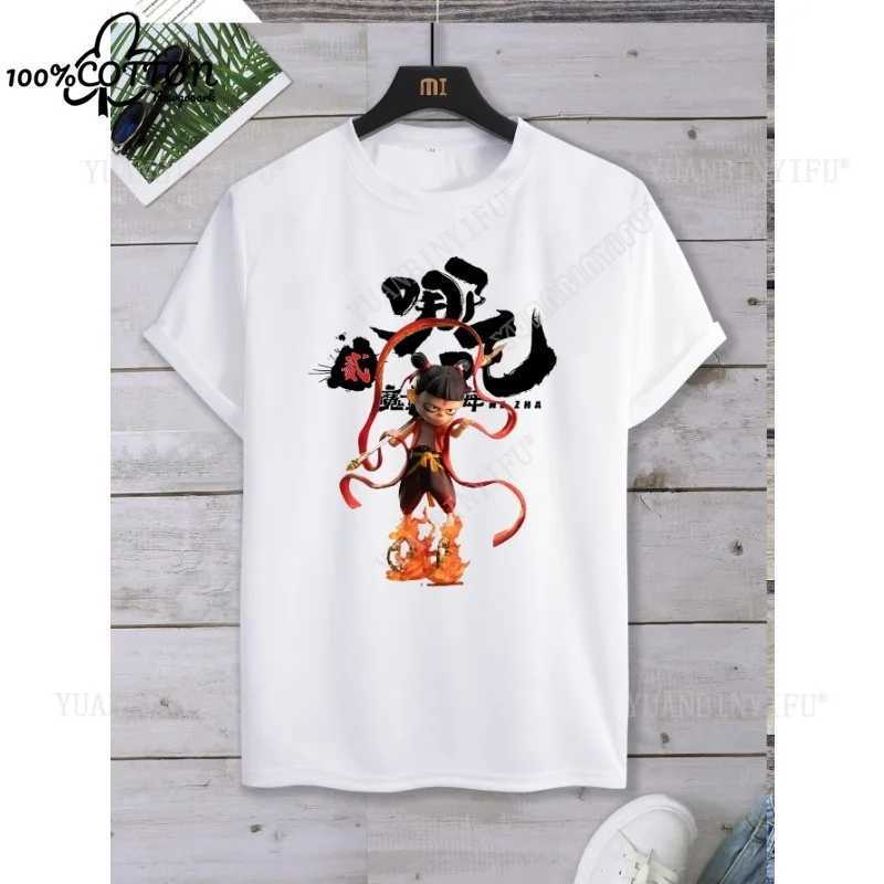 Street Fashion Animation Nezha Devil Child Nao Sea Short sleeved T-shirt Cotton Neutral Summer Cartoon Loose Solid Color S-5XL M250219