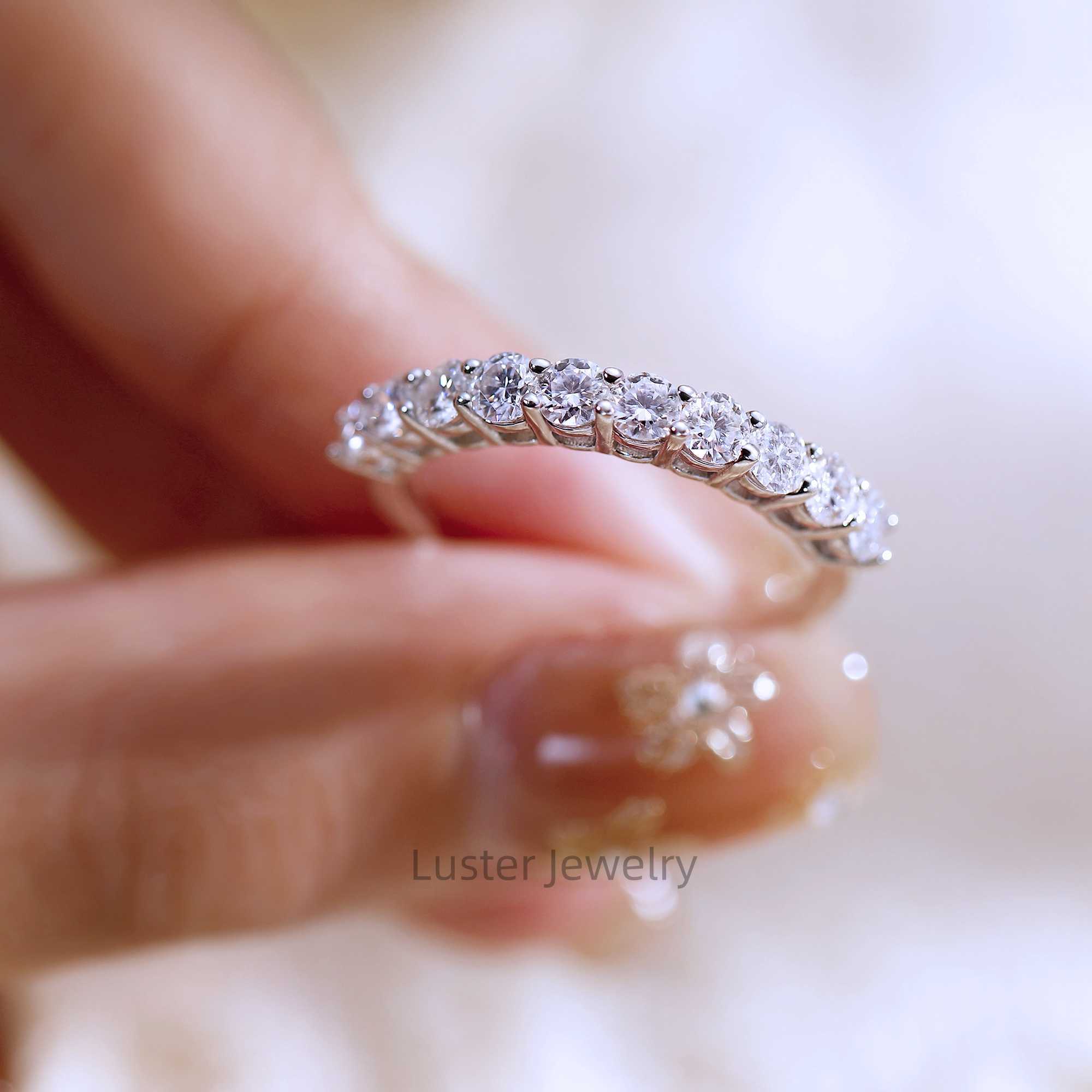 Luster Ten Moissanite 925 Sterling Silver White Gold Plated Engagement 3.0mm Round Moissanite Half Eternity Band Ring for Women