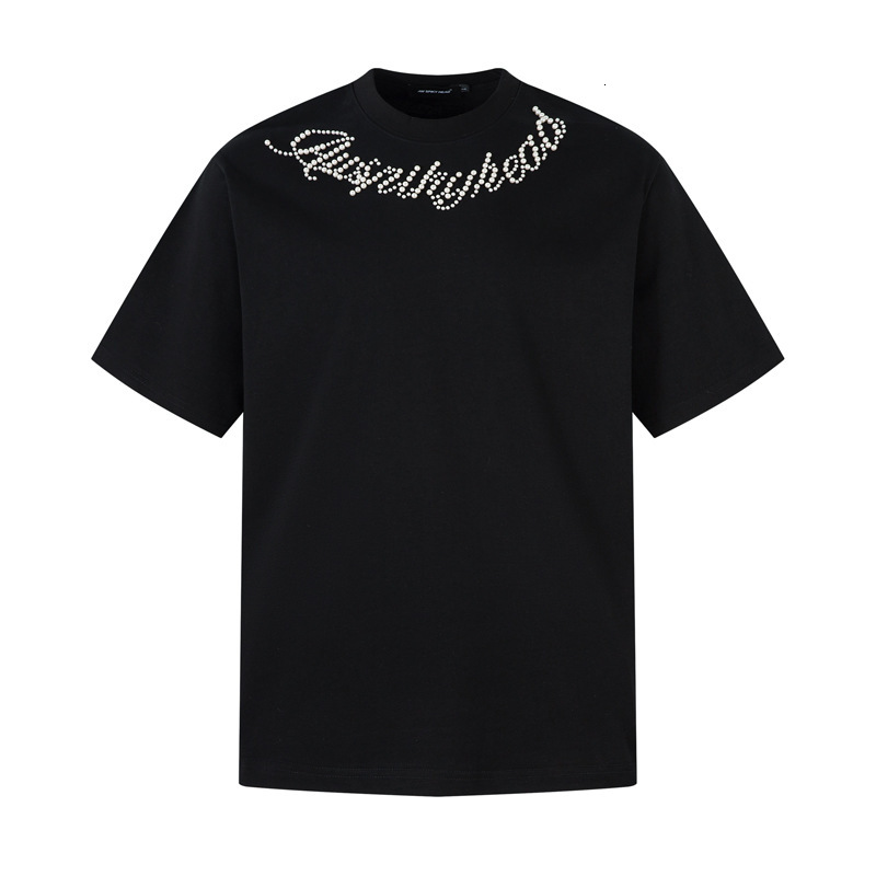 American Fashion Personality Design Bead Letter Short Sleeved T-shirt Men's Summer New Style Chinese Fashion Loose Casual Round Neck Solid Color 
