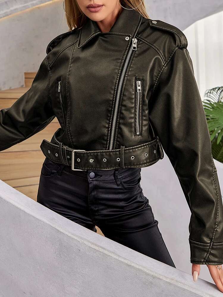 Aigo Vintage Women Loose Long Sleeve Pu Faux Leather Short Jacket with Belt Streetwear Female Retro Moto Biker Coat Outwear