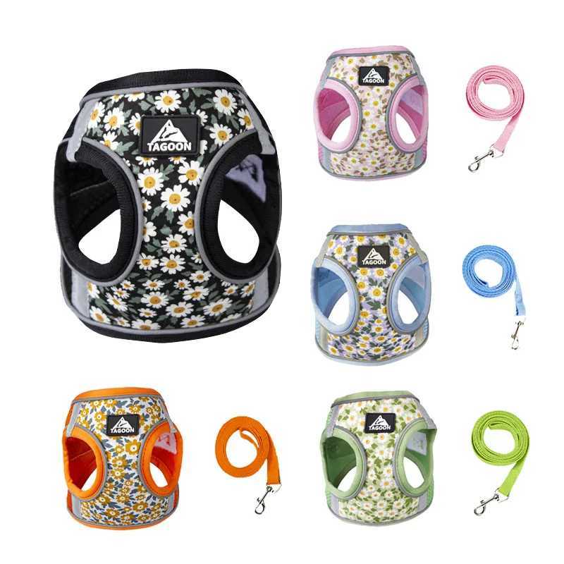 Dog harness with 1.5m leash set no tension dog vest with adjustable reflective breathable daisy print harness for pet puppiesXJ250218