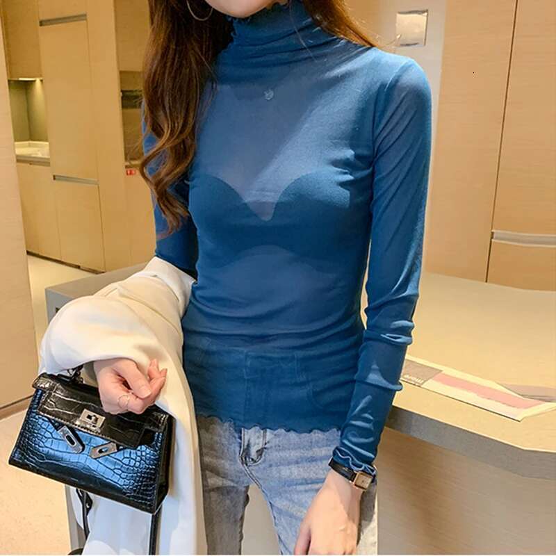 AOSSVIAO 2024 Spring Summer Women's Sexy See Through Mesh Blouse Long Sleeve Transparent Turtleneck Shirt Fashion Women Tops