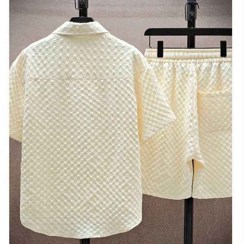 Mens Set High Quality Ice Silk Plaid Short Sleeved Lapel Shirt Shorts Two-piece for Men Korean Luxury Casual Oversize ClothingXJ250218