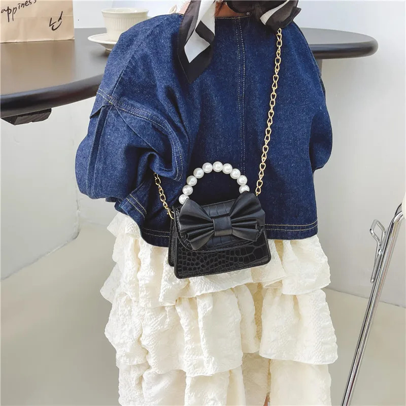 Cute Bowknot Childrens Coin Purse Fashion Pearl Handle Princess Handbags Pu Leather Girls Shoulder Bags Chain Crossbody Bags 250219