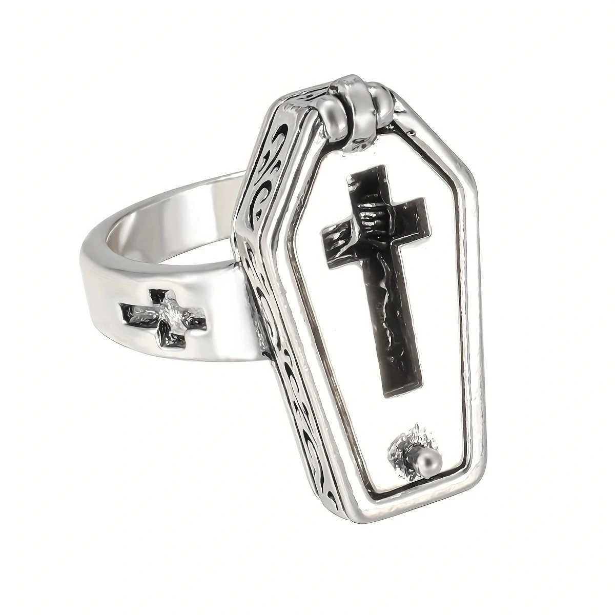 Retro Fashion Man Skull Coffin Cross Punk Hip-hop Gothic Ring Jewelry GiftXJ250219