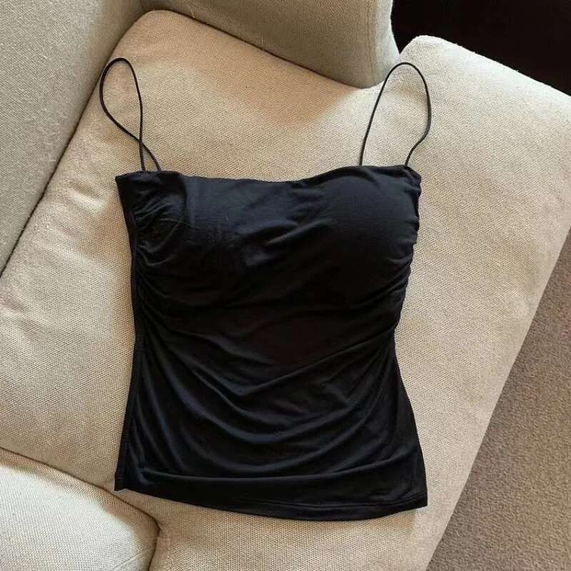 Vest Halter Summer Korean Style Trend Fashion Built In Bra Stretch Women Beach Everyday Casual Tank Top