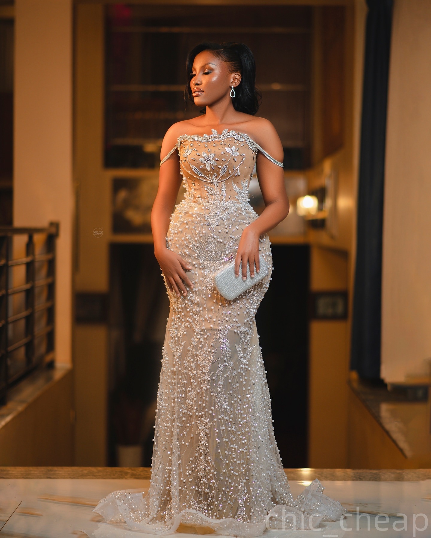 Aso Ebi Gold Mermaid Prom Dresses 2025 Illusion Crystals Pearls Evening Formal Party Second Birthday Engagement Gowns Plus Size Dress For Special Occa