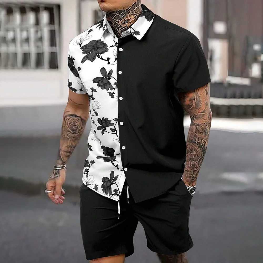 Mens 2 Piece Hawaiian Outfits Short Sleeve Button Down Shirts And Shorts Set Beach Tracksuits New Patchwork Colors Lapel ShirtXJ250218