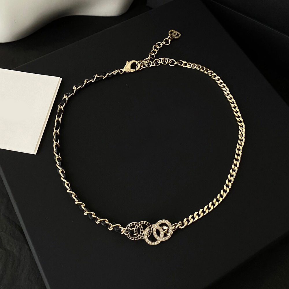 Classic Pendants Crystal Necklaces Double Layer Gold-color Stainless Steel Geometry Choker Pendant Necklace Chain Jewelry Accessories Gifts Size Adjustable