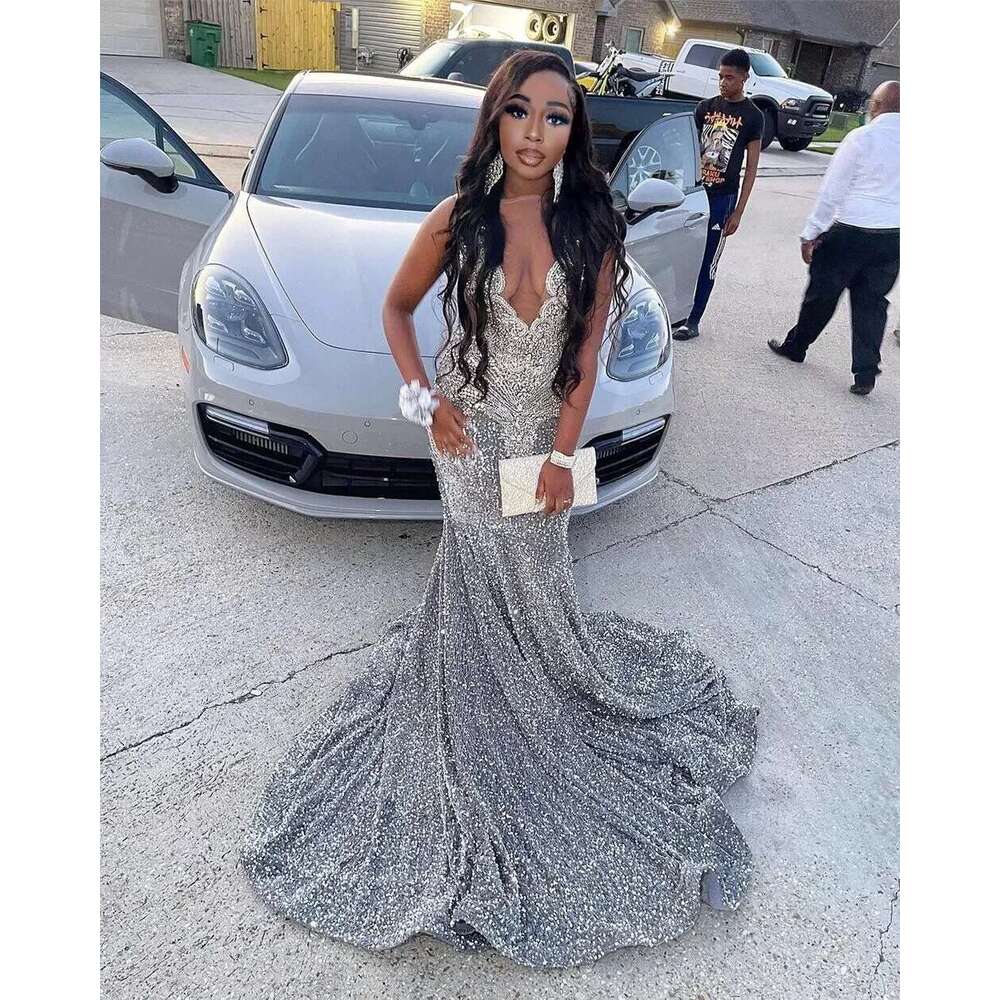 Sparkly Gray African American Long Prom Dresses For Black Girls Mermaid Sequins Crystals Women Evening Gown Customized