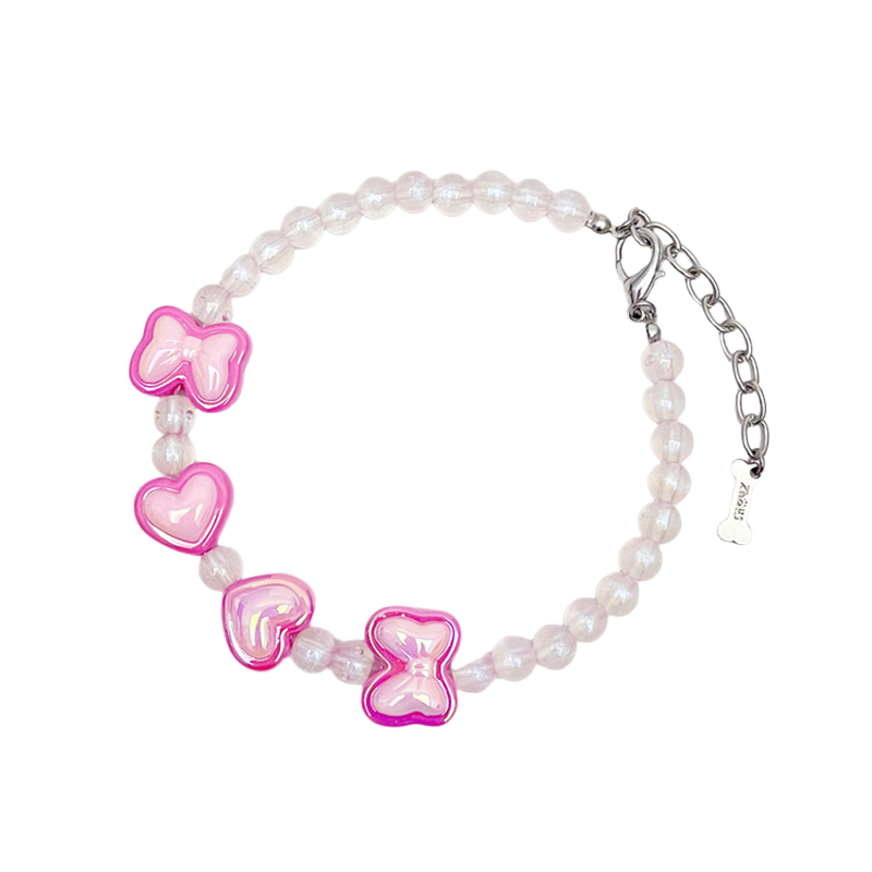 Fashion Bead Dog Necklace with Sparkling Bow Heart-shaped Decoration, Exquisite Cat Dog Neck Decoration Necklace for Small Medium Dogs, Adjustable Pet