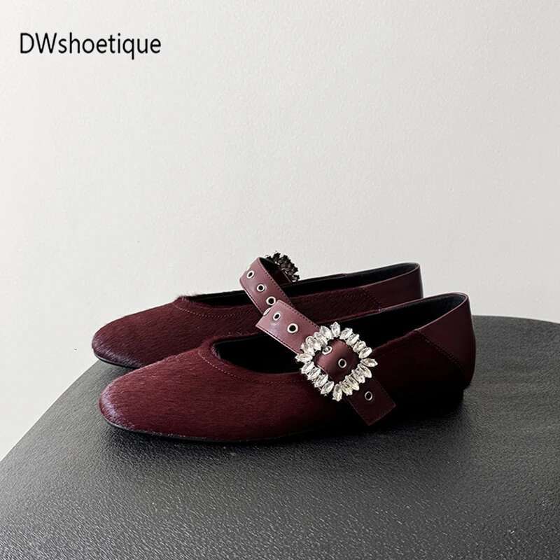 Real haircalf women ballet flats crystal buckle strap pumps
