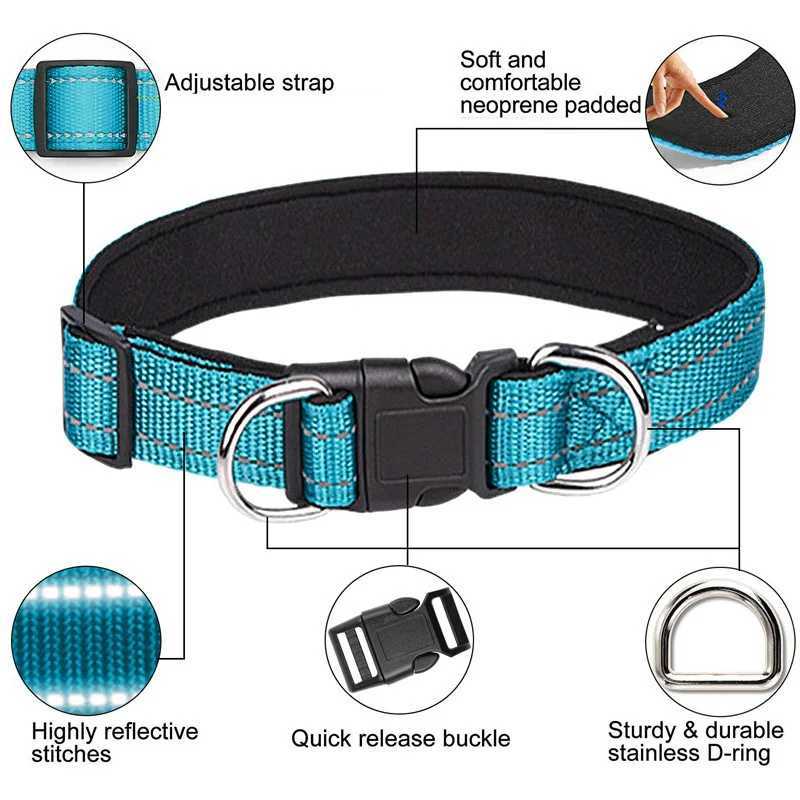 Reflective dog collar soft chloroprene rubber pad breathable nylon pet collar adjustable suitable for medium-sized and large dogs neck 25-60 cm W25021