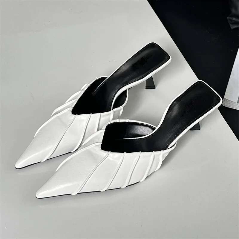 Spring Elegant Pleated Women Slipper Sexy Pointed Toe Thin Low Heels Sgback Mules Shoes