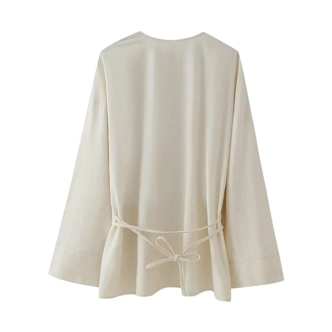 Oversized Kimono Pleated Wrap Blouse Female Long Sleeve Shirts And Blouses For Women Pyjama Women's Shirt