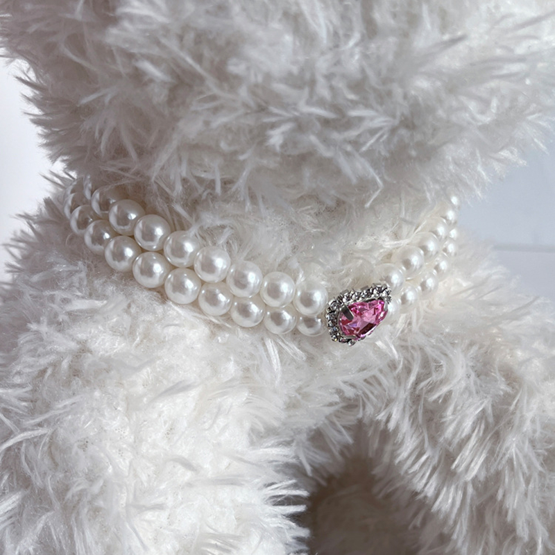 Luxury Double Row Pearl Dog Necklace with Big Pink Heart-Shaped Rhinestones Decorative, Pet Neck Decoration for Small Medium Dogs, Adjustable Pet Neck