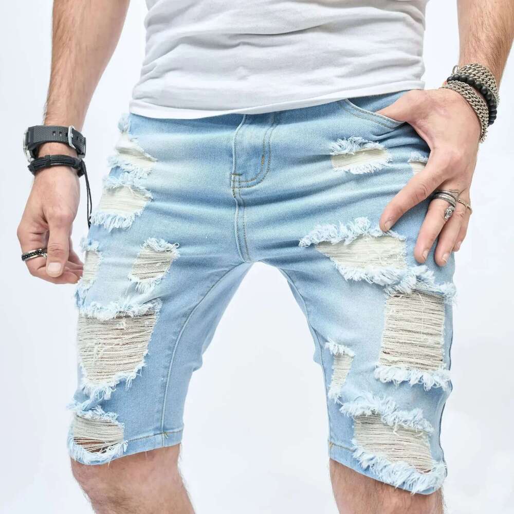Ripped Shorts Men Summer Streetwear Slim Fit Ripped Denim Shorts Stylish Holes Solid Casual Straight Jeans Male Five-Point Pants