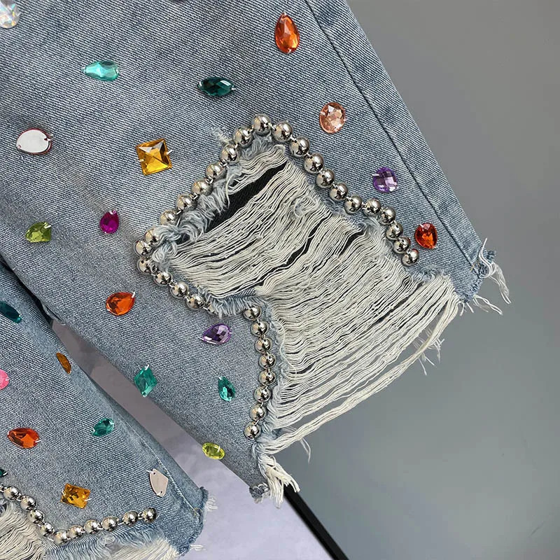 Colorful Diamond Studded Nail Bead Ripped Jeans Blue High Waisted Loose Shorts Shiny Fashionable Versatile Casual Trousers 250217