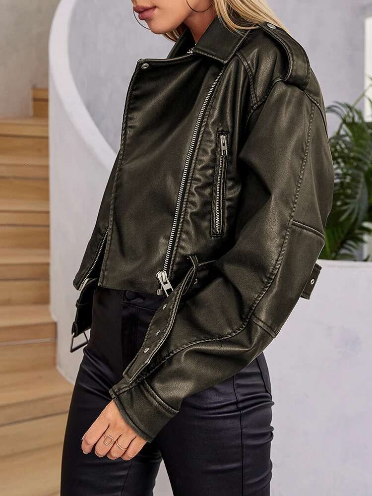 Aigo Vintage Women Loose Long Sleeve Pu Faux Leather Short Jacket with Belt Streetwear Female Retro Moto Biker Coat Outwear