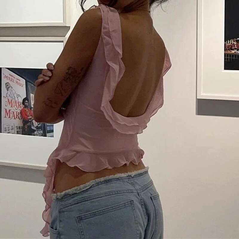 Vest Sexy Vest Fashion O-Neck Sleeveless Tank Top Sexy Ruffles Backless Irregular Crop Tops Summer Casual Streetwear Women Camis