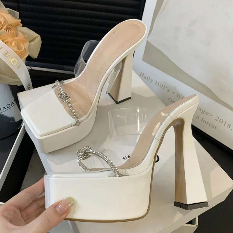 Designer Platform Crystal Women Slippers Fashion PVC Transparent Square Toe Chunky High Heels Slide Shoes