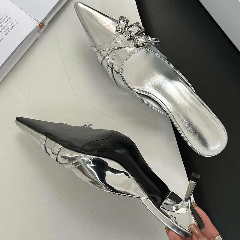 Fashion Narrow Band Buckle Strap Mule Women Slippers Elegant Pointed Toe Thin High Heels Banquet Prom Spring Shoes