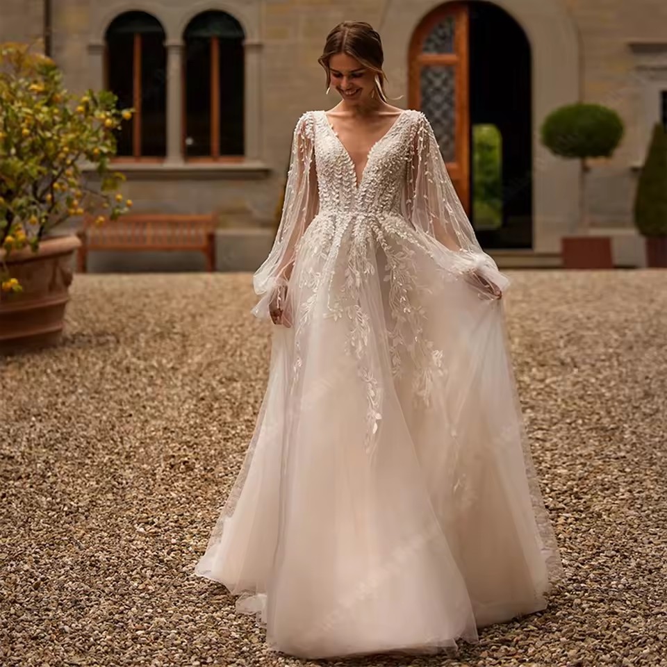 Pleat A Line Wedding Dress 2025 Side Slit Vestido De Noiva Satin Appliqued Women V Neck Bridal Gown Bridal Party Gowns Custom Made Beach Brides Gowns 