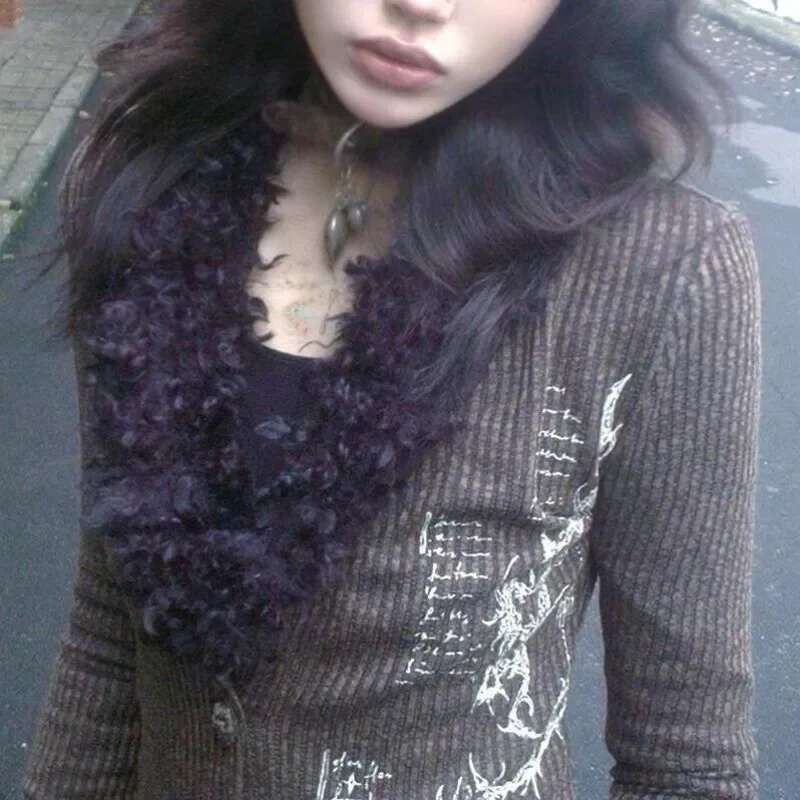 Vintage Punk Y2k Aesthetic Faux Far V Neck Button Cardigan Autumn American Haruku Print Office Lady Clothes Subcultural Shirts