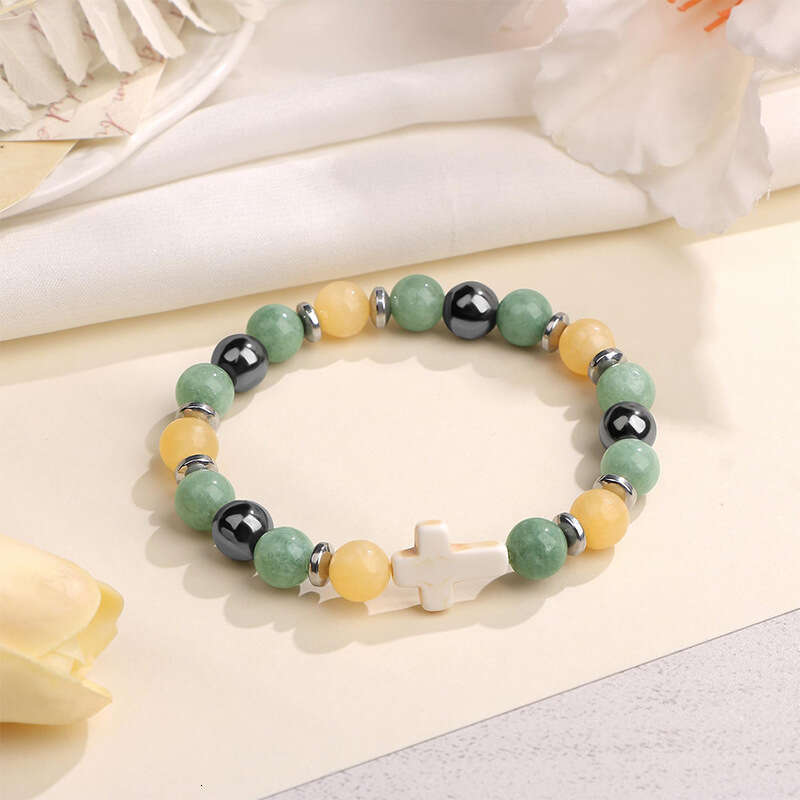 Natural Stone Cross Pink Zebra Elastic Bead Men's and Women's Gift Card Bracelet
