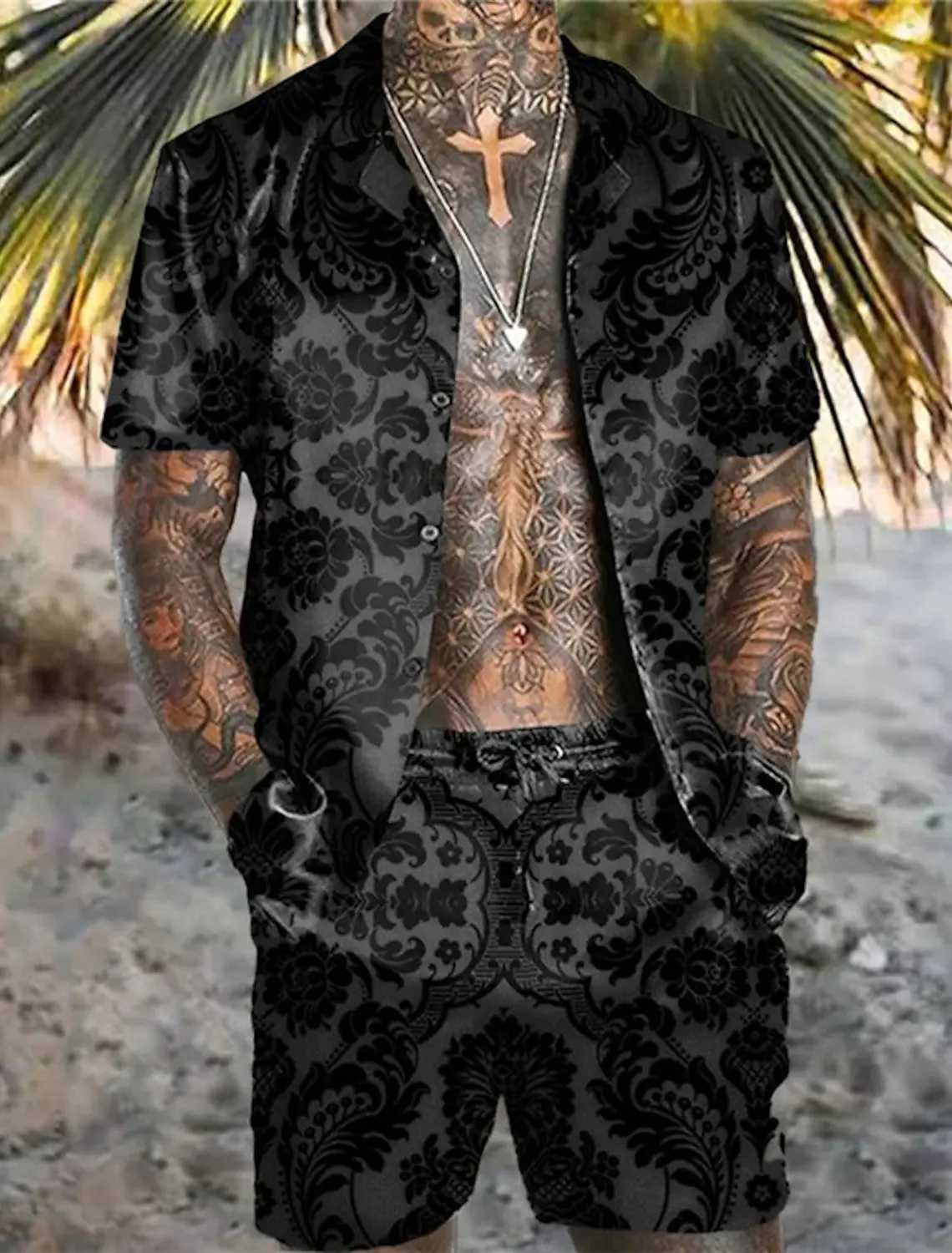 2023 Mens Shirt Set Retro Classic Stripe Pattern Color Pattern Comfortable Loose Tropical Jungle Vacation Fashion All-matchXJ250218