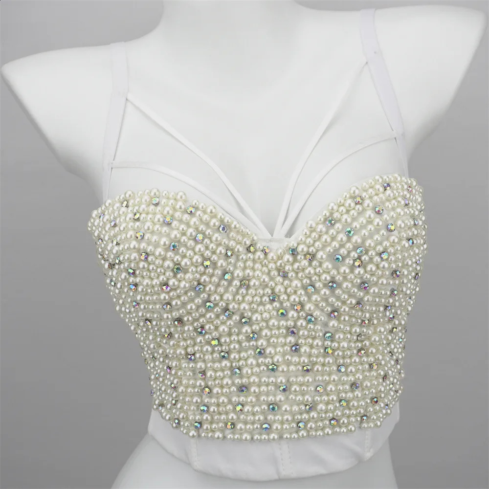 Quality Pearl Tank Tops Rhinestone Women Crop Top Club Clothes Streetwear Y2K Corset Woman Shaper Camis Fashion Feamale Clothing 250218