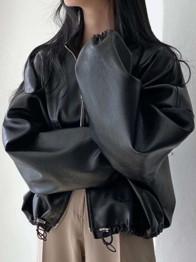 Winter Punk Black Women Outerwear Loose Zipper Cropped Jacket Casual Moto Biker Streetwear Leather Coat