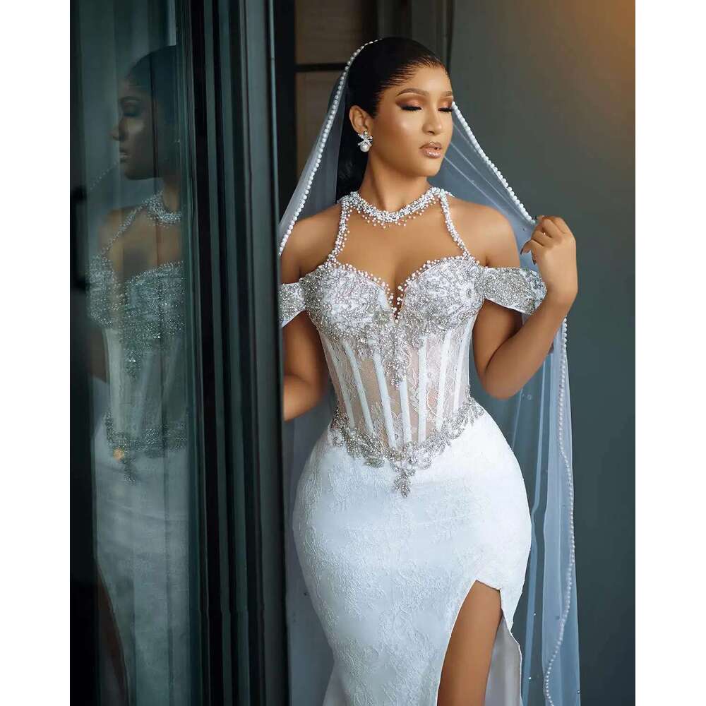 Gorgeous Pearls Mermaid Wedding Dresses Crystal Beading Bridal Gowns with Detachable Train Lace Customized Vestido de novia