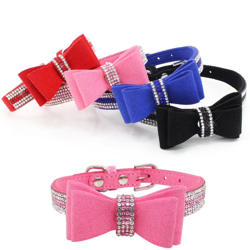 Small Dog Collars for Female Dogs, Cute Bling Rhinestone Crystal with Bow Tie Glitter Diamond Bowtie Puppy Collars for Small Medium Large Pet Girls Do