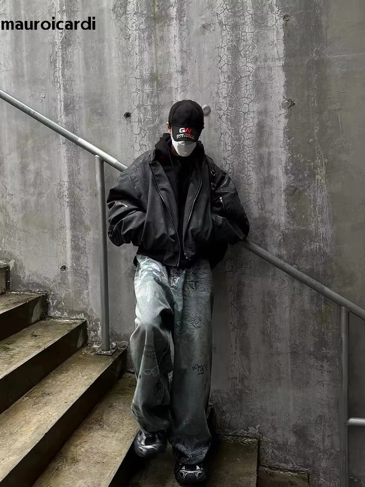 Mauroicardi Spring Extra Large Retro Black Artificial Suede Leather Jacket Mens Zipper 2-piece er Clothing Hoodie 250214