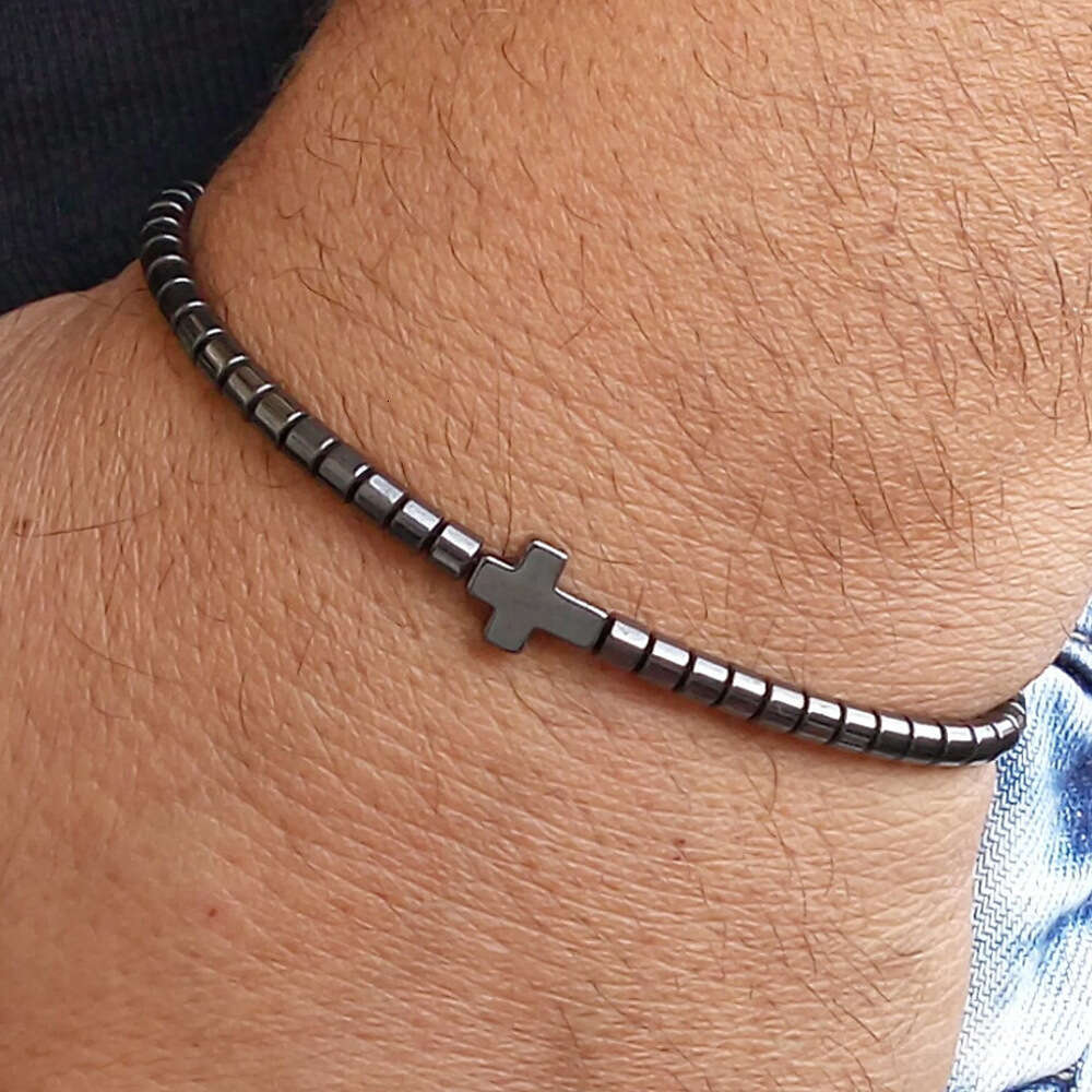 Gun colored cydrical black gallstones handmade men's cross elastic rope bracelet