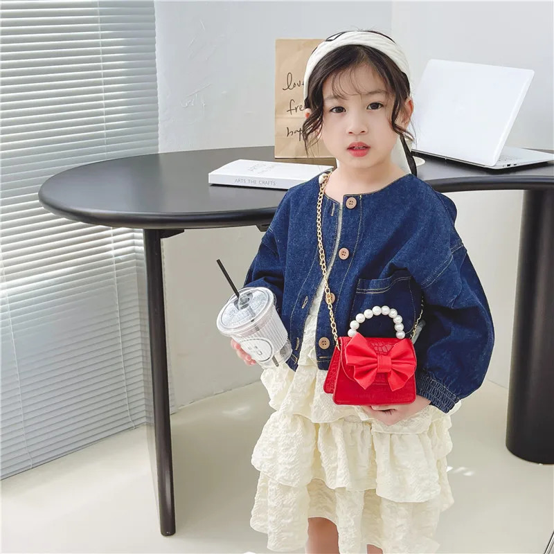 Cute Bowknot Childrens Coin Purse Fashion Pearl Handle Princess Handbags Pu Leather Girls Shoulder Bags Chain Crossbody Bags 250219