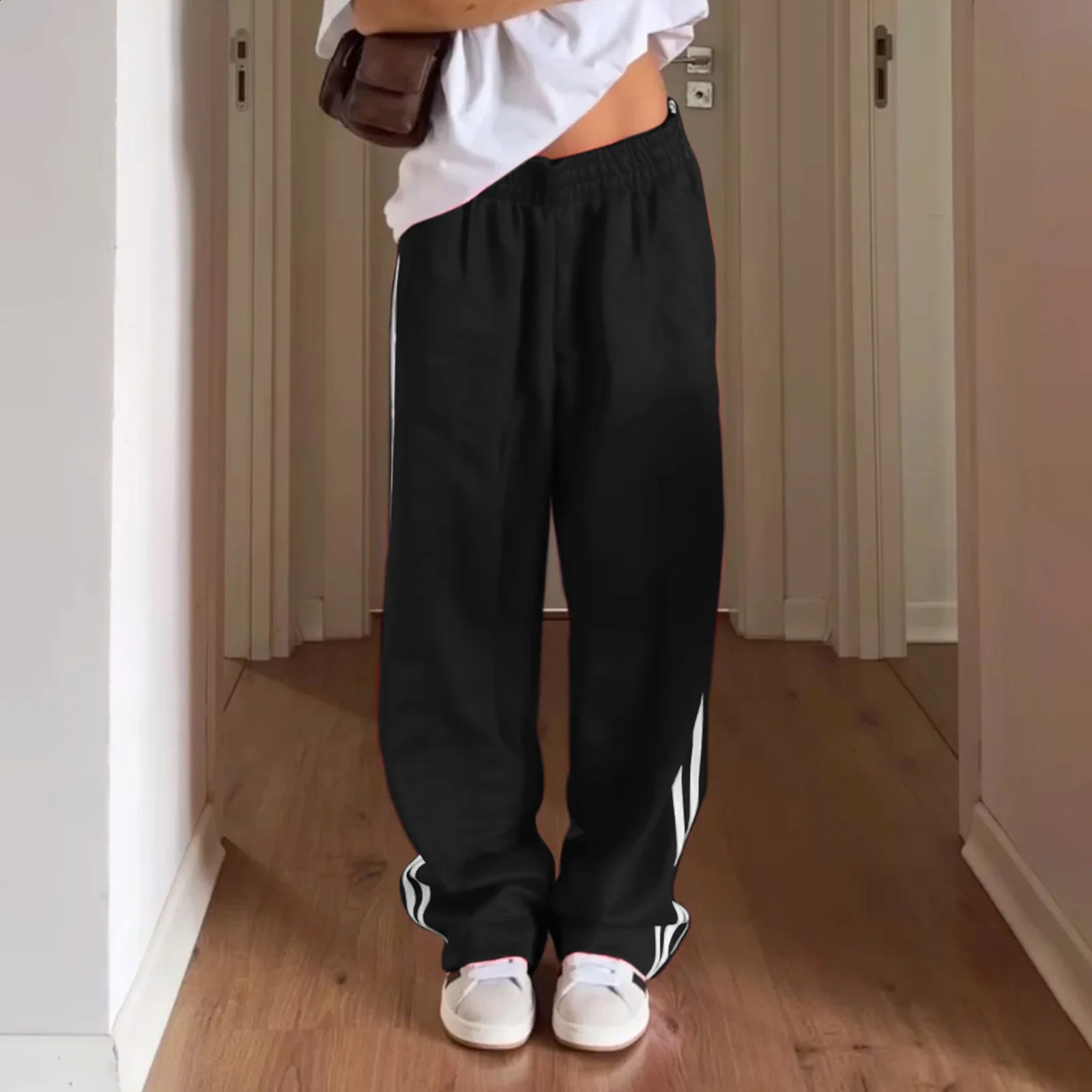 Womens Striped Pants Loose Elastic Waist Drawstring Straight Leg Casual Sweatpants with Pockets Y2K Vintage Streetwear 250218