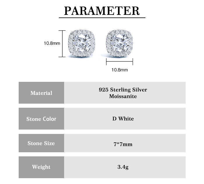 Luster 3ct Cushion Cut D White Fashion Moissanite 925 Sterling Silver Gemstone Earrings Jewelry for Women