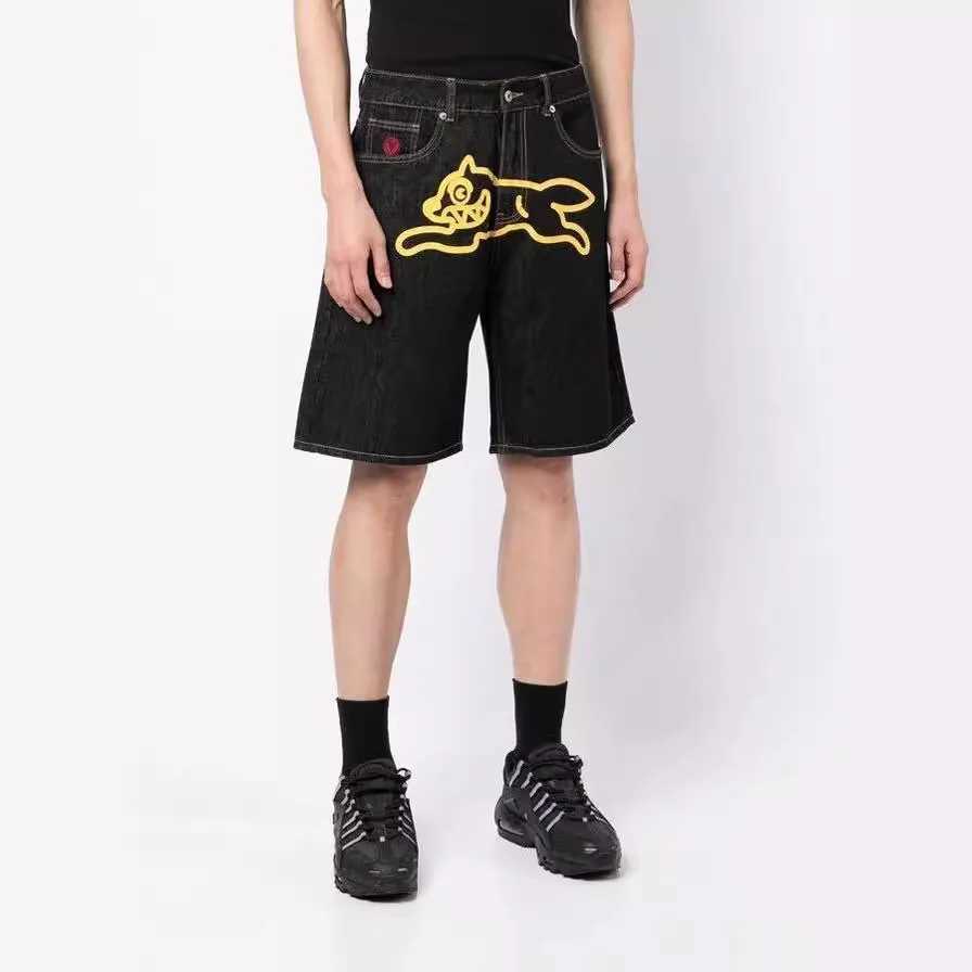 American fashion flying dog print straight leg denim shorts for men high street casual fashion wide leg five quarter pants W250219