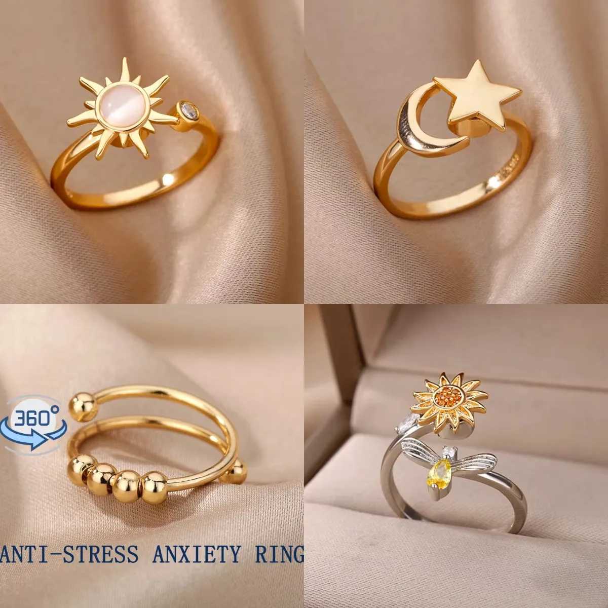 Anti Stress Anxiety Fidget Rings for Women Stainless Steel Sunflower Sun Star Spinner Ring Christmas Jewelry Gifts DropshippingXJ250219