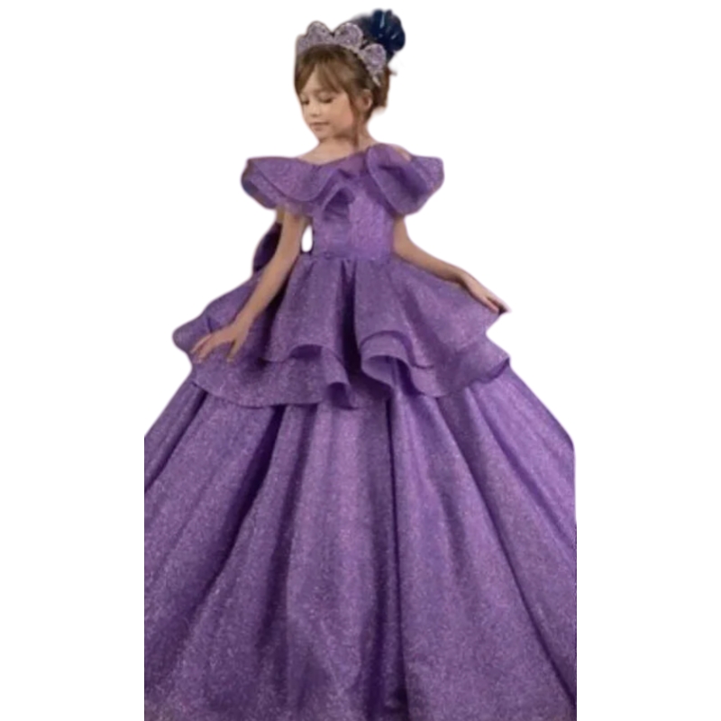 2025 Sparkly Purple Girl's Pageant Dresses Off Shoulder Ruffles Flower Girls Dress Long Kids First Communion Dress Tiered Glitter Sequins A Line 