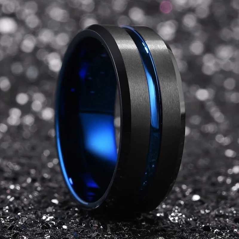 Fashion Mens Stainless Steel Rings 8mm Classical Black Blue Groove Beveled Edge Wedding Engagement Anniversary Jewelry GiftXJ250219