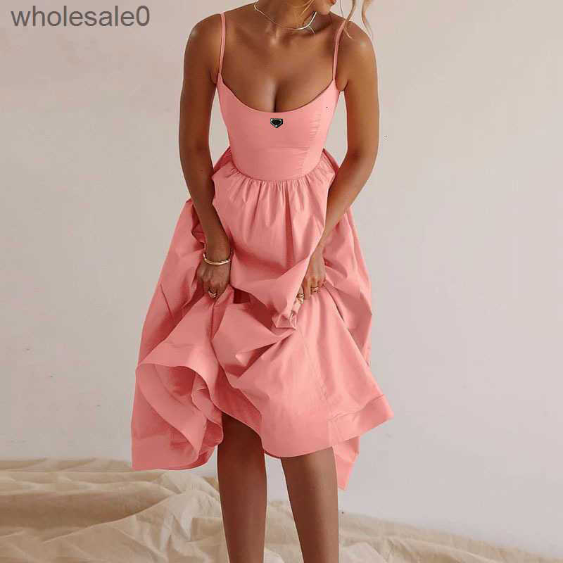 Casual Dresses Party Dress designer Big Swing Dress for Women's Summer New Solid Color Sexy U-Neck with Waist Fold and Hanging Strap pink white Dress
