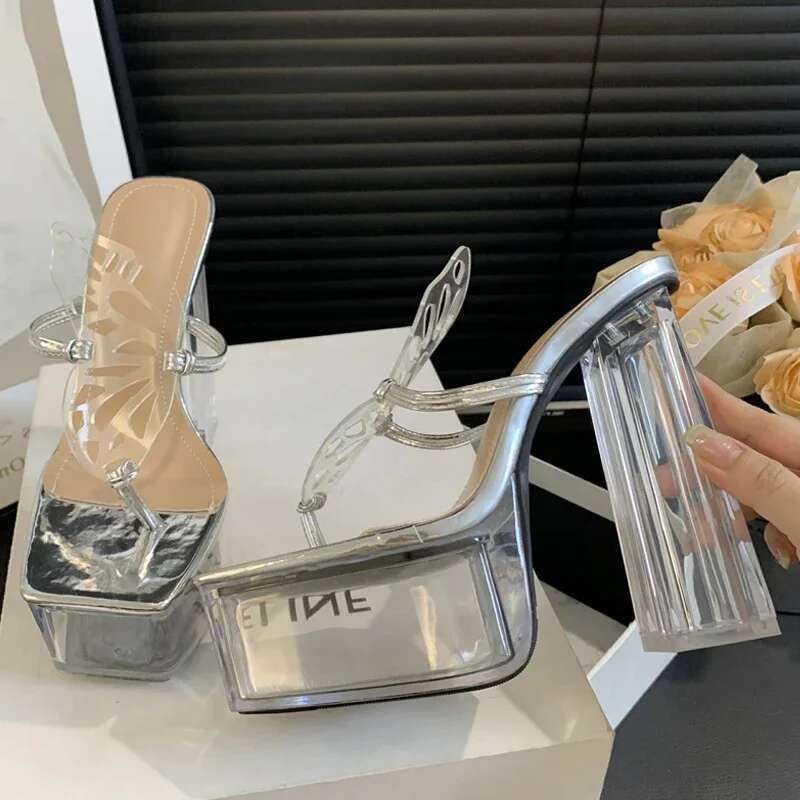 Sexy Hollow Transparent Woman Slippers Flip ps Shoes Fashion Crystal High Heels Banquet Party atos De Mujer