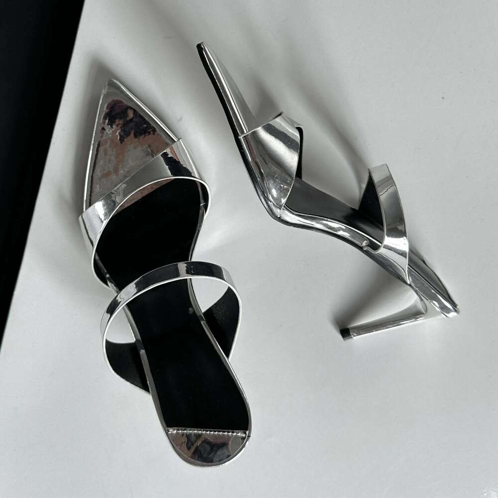 Summer Thin High Heels Women Slippers Fashion Narrow Band Pointed Toe Strippers Banquet Sandals Slides Shoes