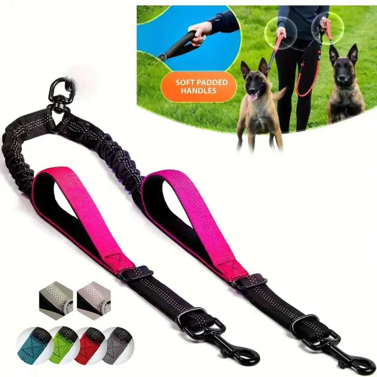 Dual Dog Leash Coupler - Comfort Padded Handles No-Tangle No-Pull Bungee Leash - 360 Swivel Reflective Shock Absorbing - PeXJ250218