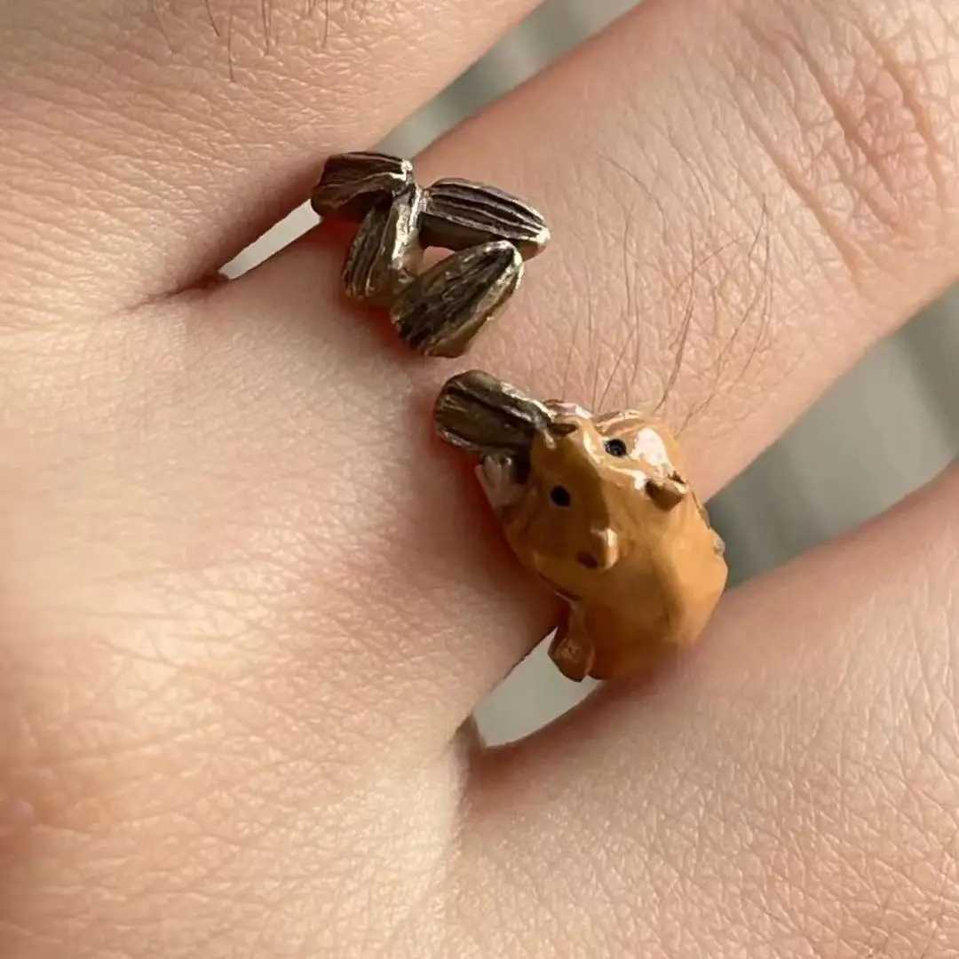1Pcs Fashion Squirrel Sunflower Seed Cute Copper Ring Men Women Party Daily Gift Wear AdjustableXJ250219