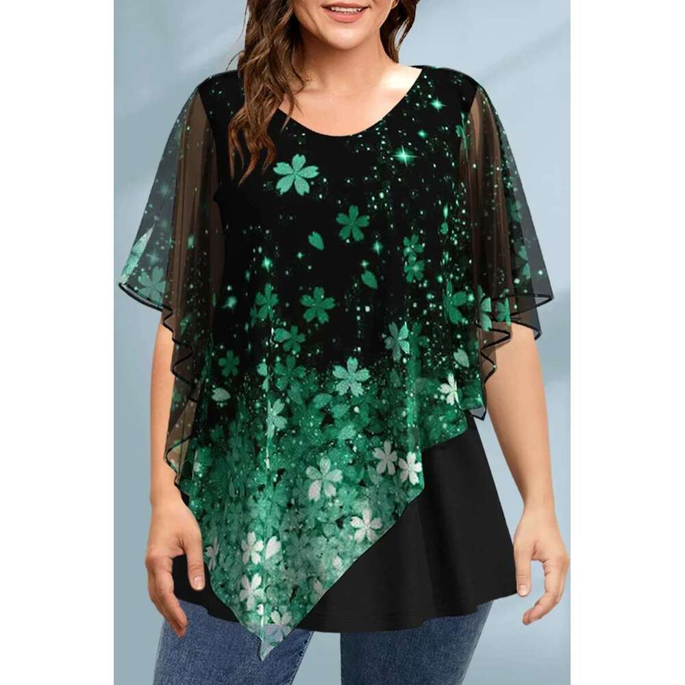 Plus Size Blouse Cloak Loose Casual Ral Print Ruffle Batwing Cape Sleeve Tee Medium Stretch Women Shirt Top