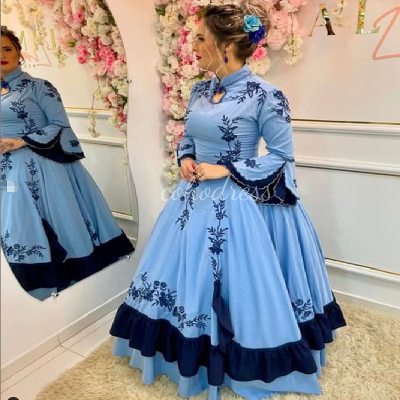 Traditional Blue Folklorico Evening Dress High Neck Long Sleeve Embroidery Prom Dress Elegant Carnival Costume Formal Cultural Celebrations Special Oc